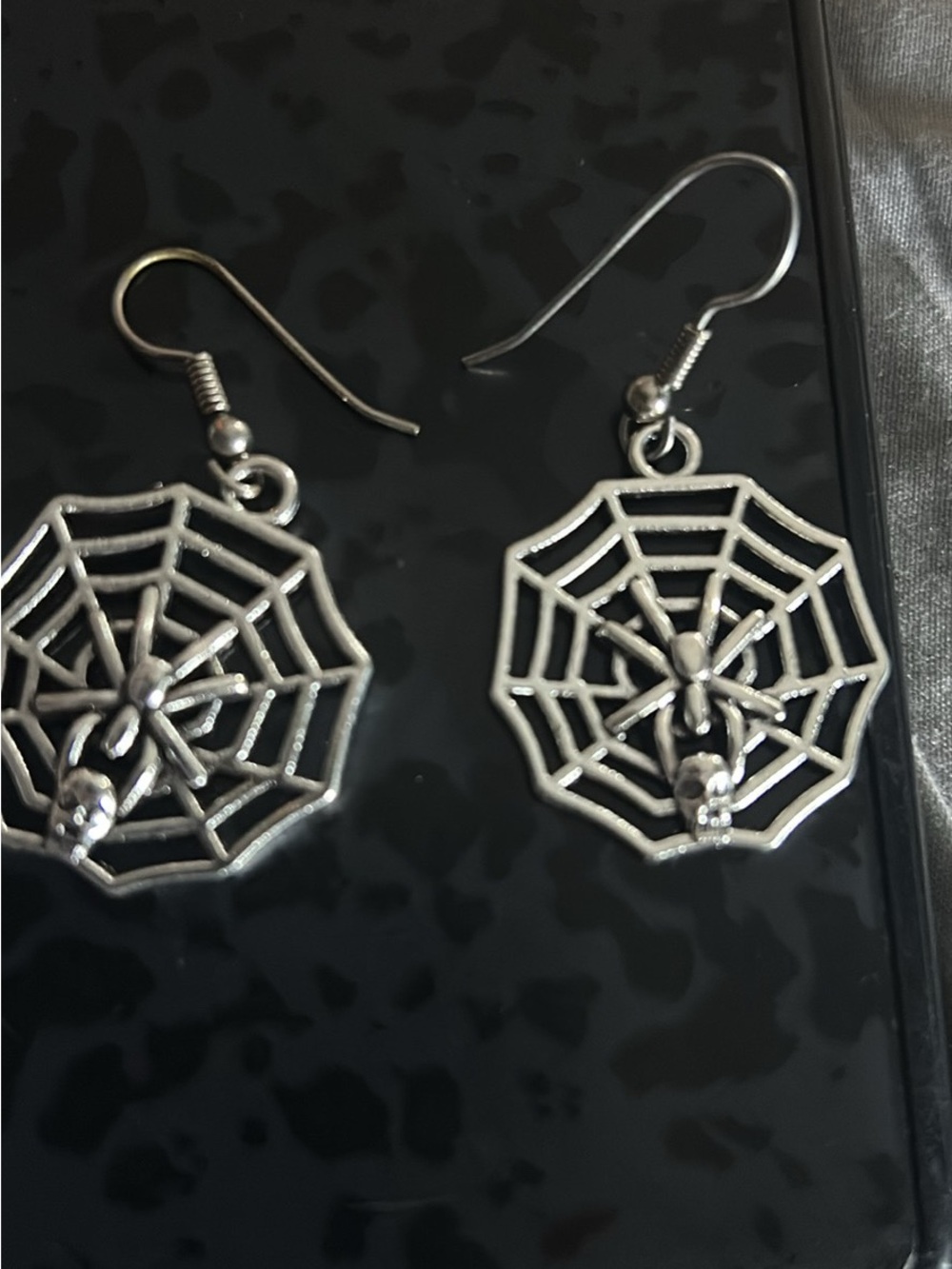 Spider Web Dangle Earrings — Silver Tone